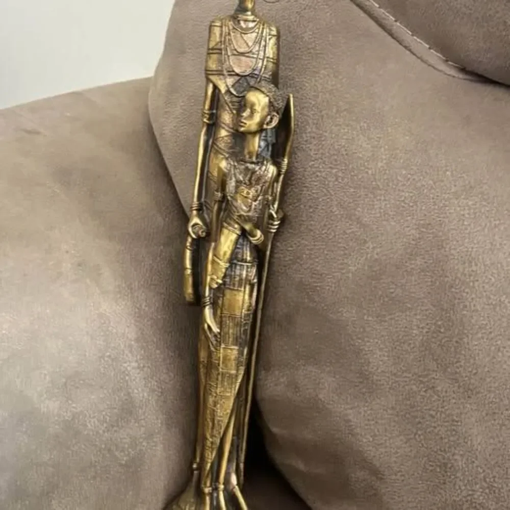 Tall African Mother & Child Figurine – Gold Tone Tribal Style Sculpture